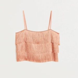 Champagne Salmon Pink Satin Fringe Spaghetti Strap Top XS MANGO